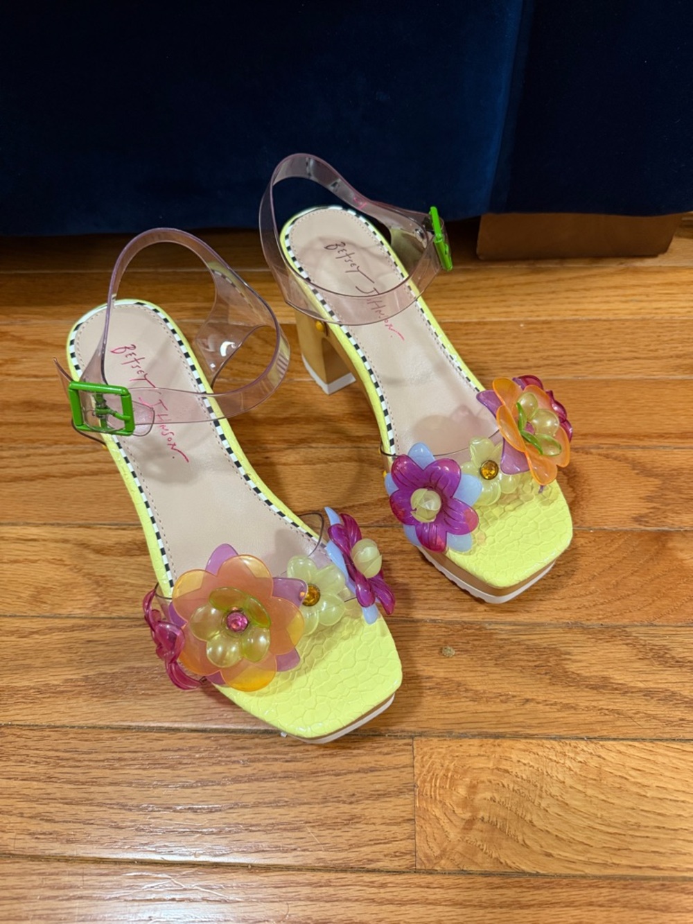 Betsey Johnson Neon Yellow Floral Jelly Block Heel Sandals